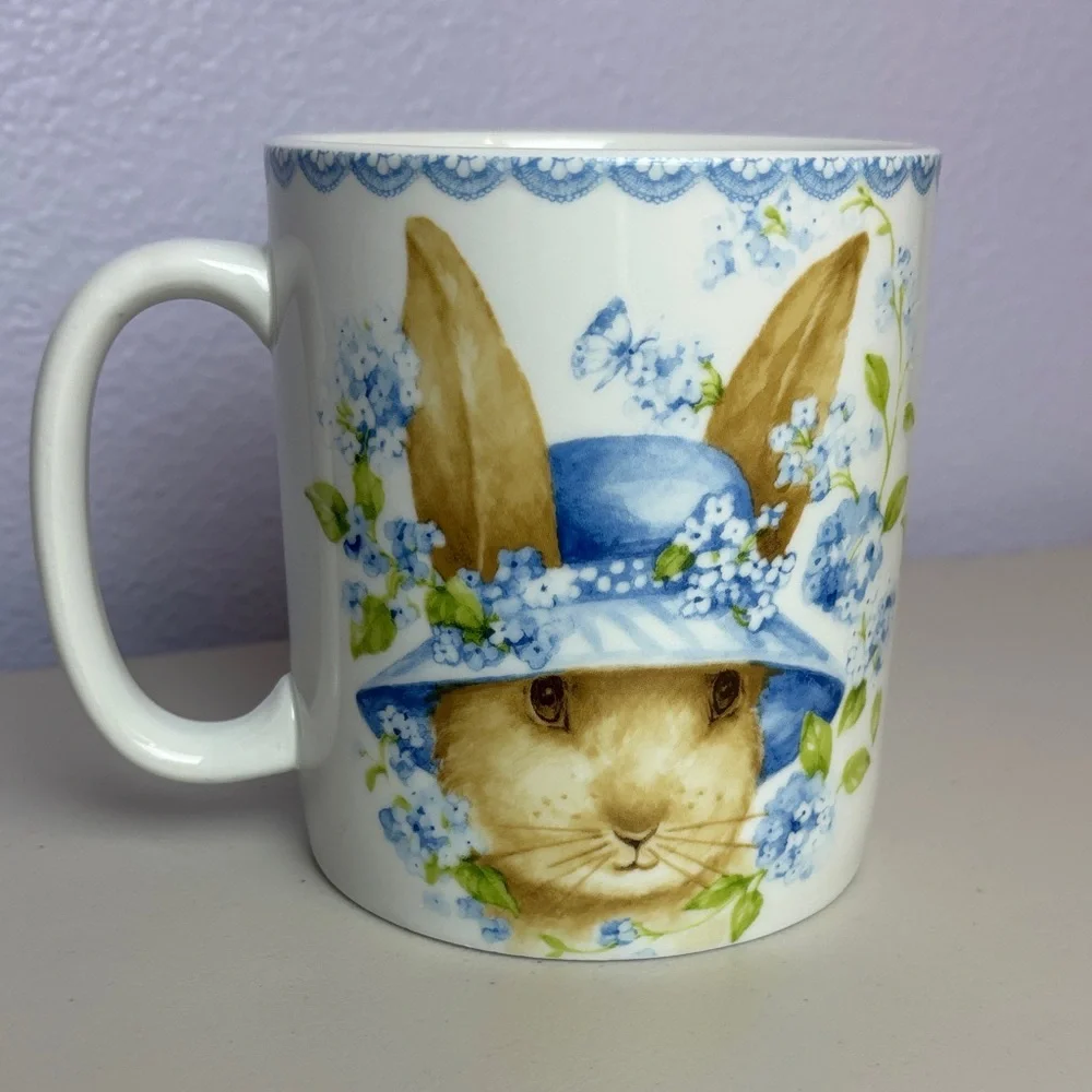 Giant Xl Floral Easter Bluebell Bunny XL Mug with Blue Hat Double Side Design